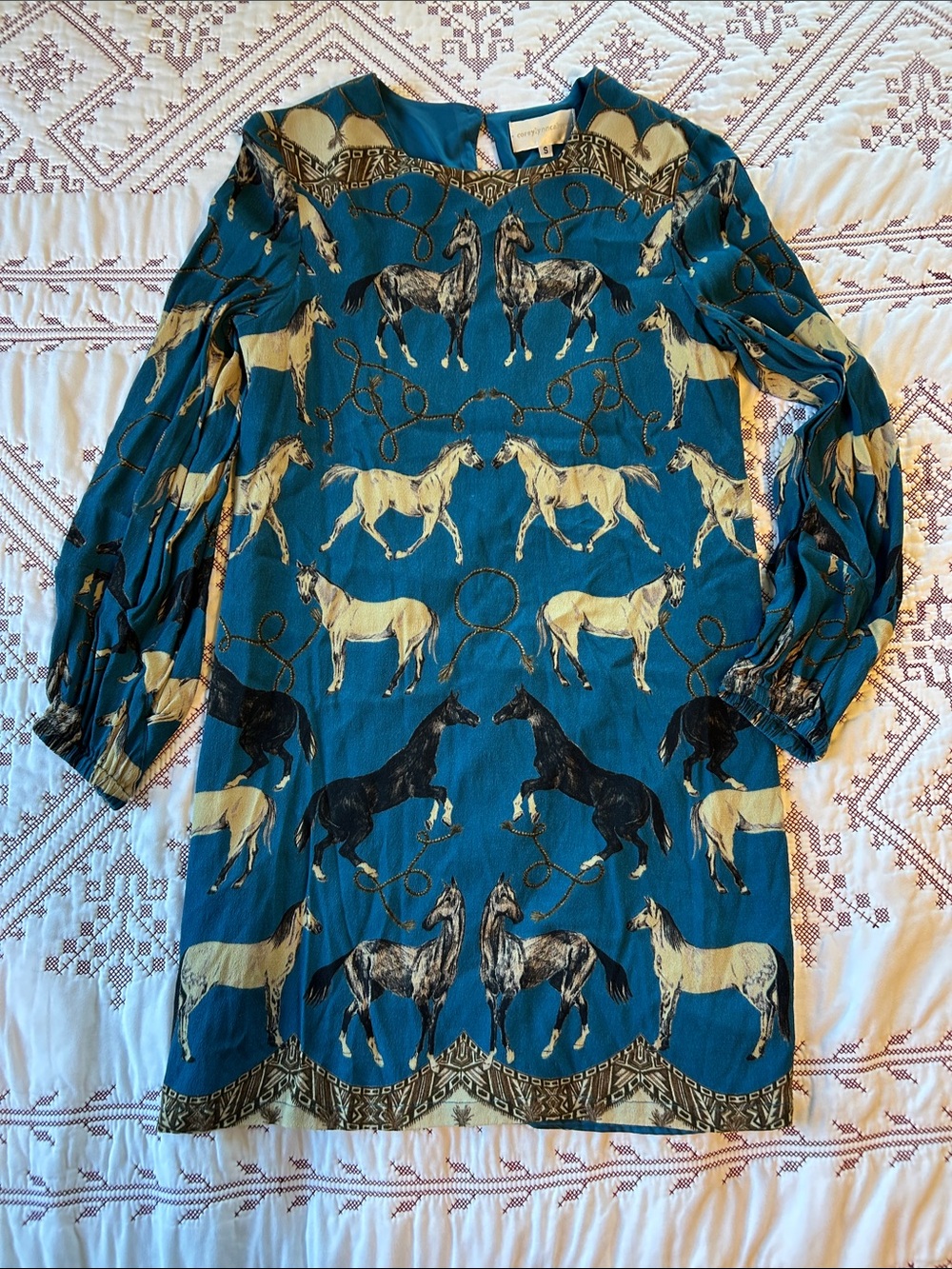 Corey Lynn Calter Blue Horse Print Long Sleeve Dress